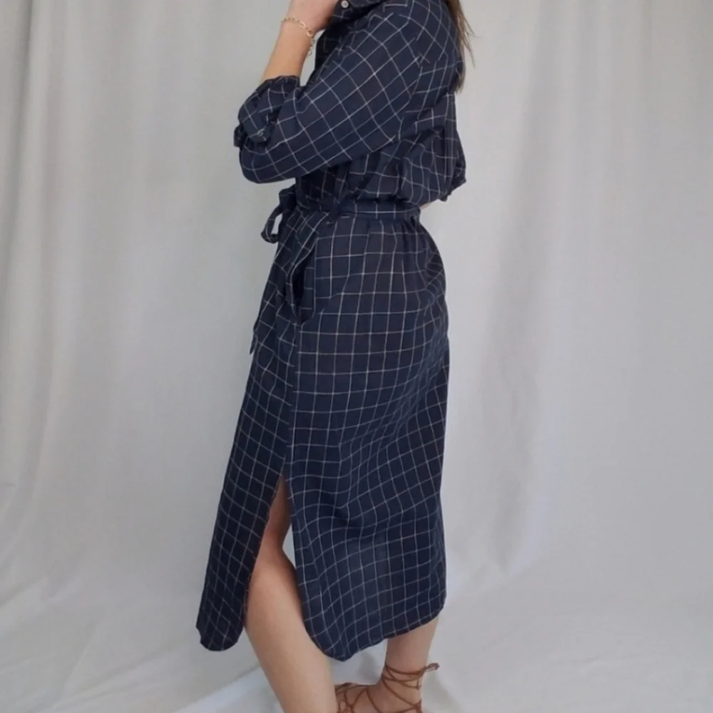 Dress Forum Navy Blue and White Windowpane Midi Shirt Dress Size Small - Picture 3 of 5